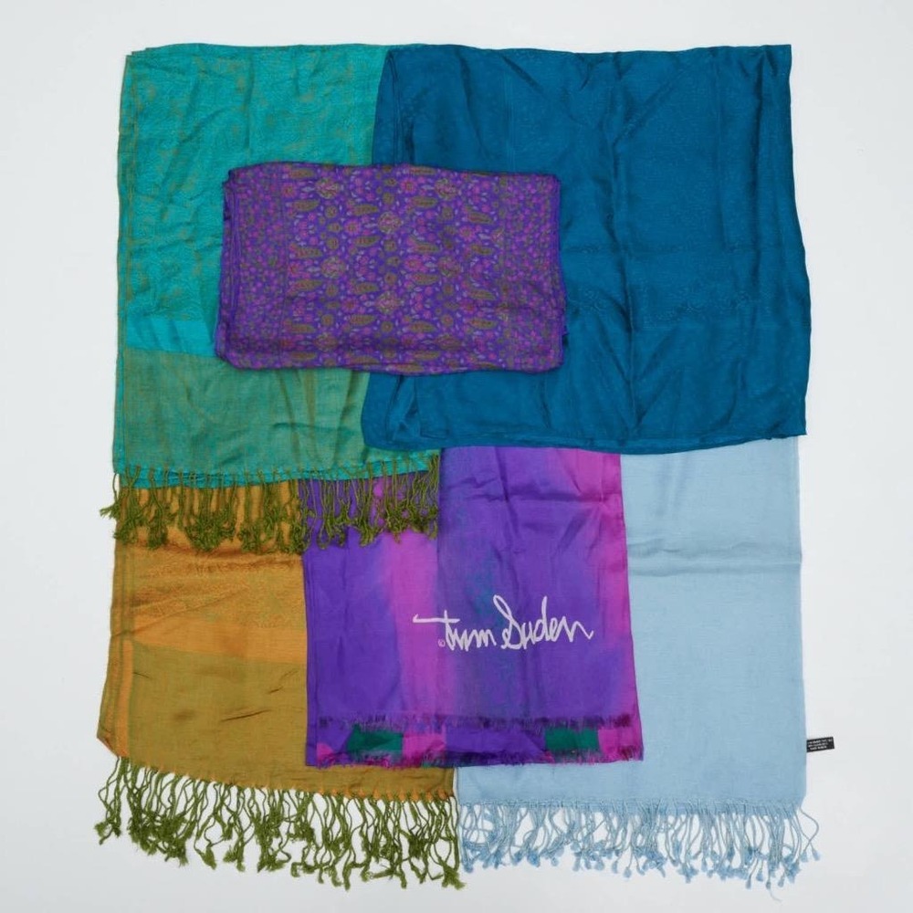 Blue Green Purple Silk Cashmere Pashmina Scarf 6pc Vtg Lot